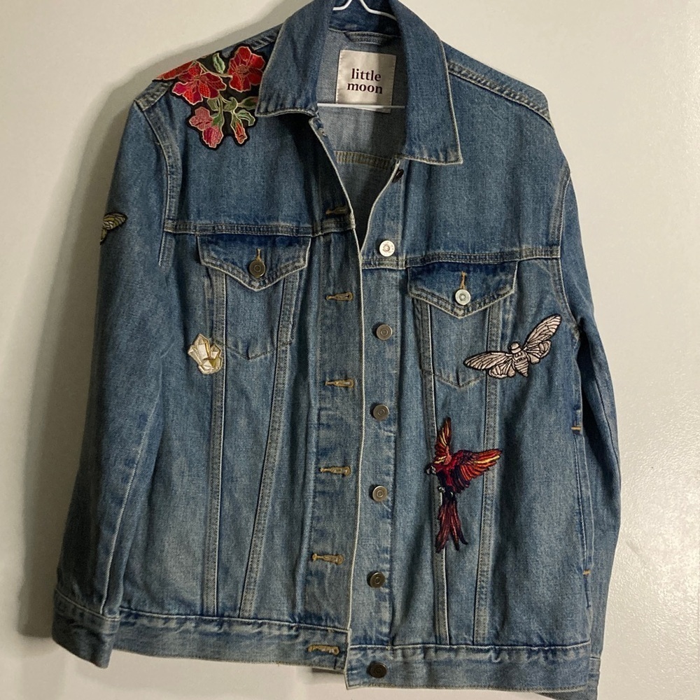 Aritzia Little Moon Dianthus Blue Denim Jacket with Colorful patchwork small - Picture 2 of 11